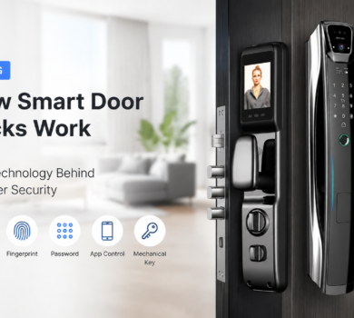 Smart door lock with fingerprint and keypad handle for commercial projects
