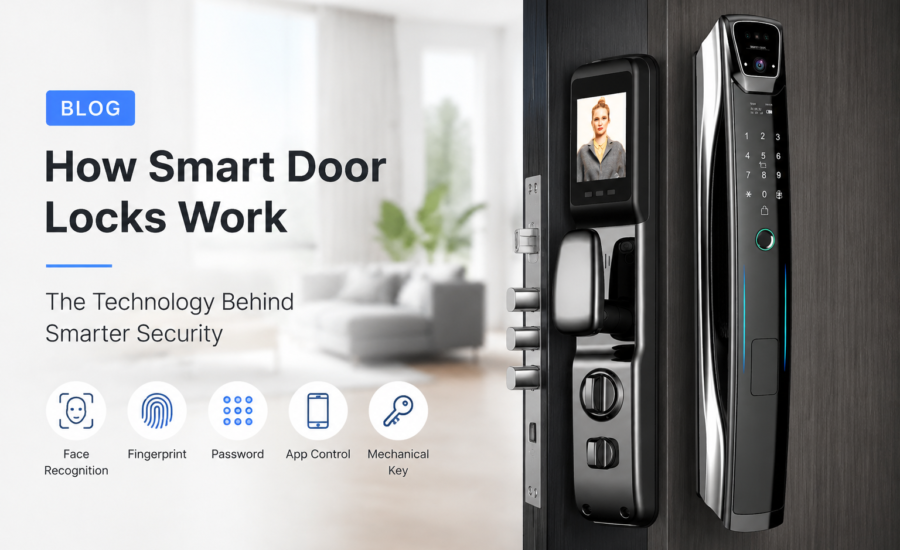 Smart door lock with fingerprint and keypad handle for commercial projects